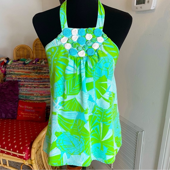 Lilly Pulitzer Silk Lime Green Turquoise White Halter Top! Turtle Print! Small - Picture 1 of 15